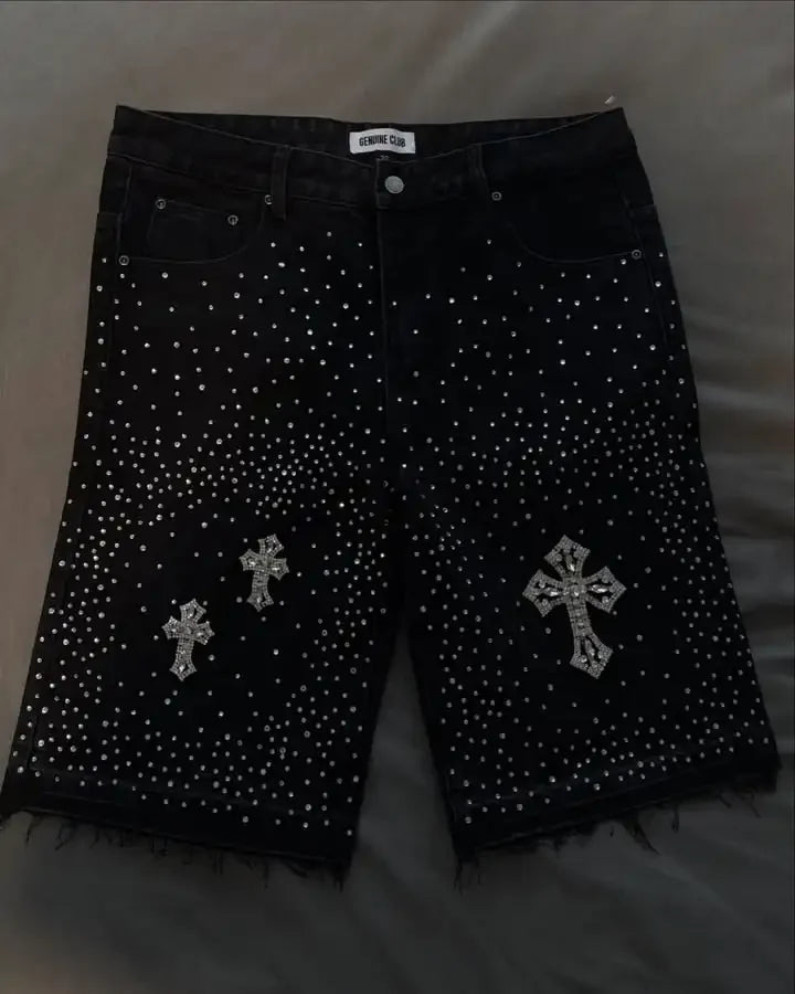 Streetwear Mens Womens Cross Rhinestone Denim Shorts Y2K Jeans Hip Hop Cross Sequins Vintage Baggy Gym Shorts Basketball Shorts