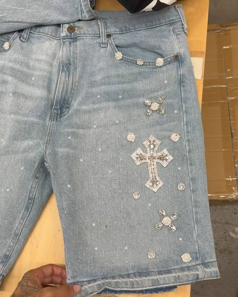 Y2K Gothic Diamond Cross Embroidery Denim Shorts American Retro Blue Gym Shorts Rhinestone Streetwear Hip Hop Men Women Jorts