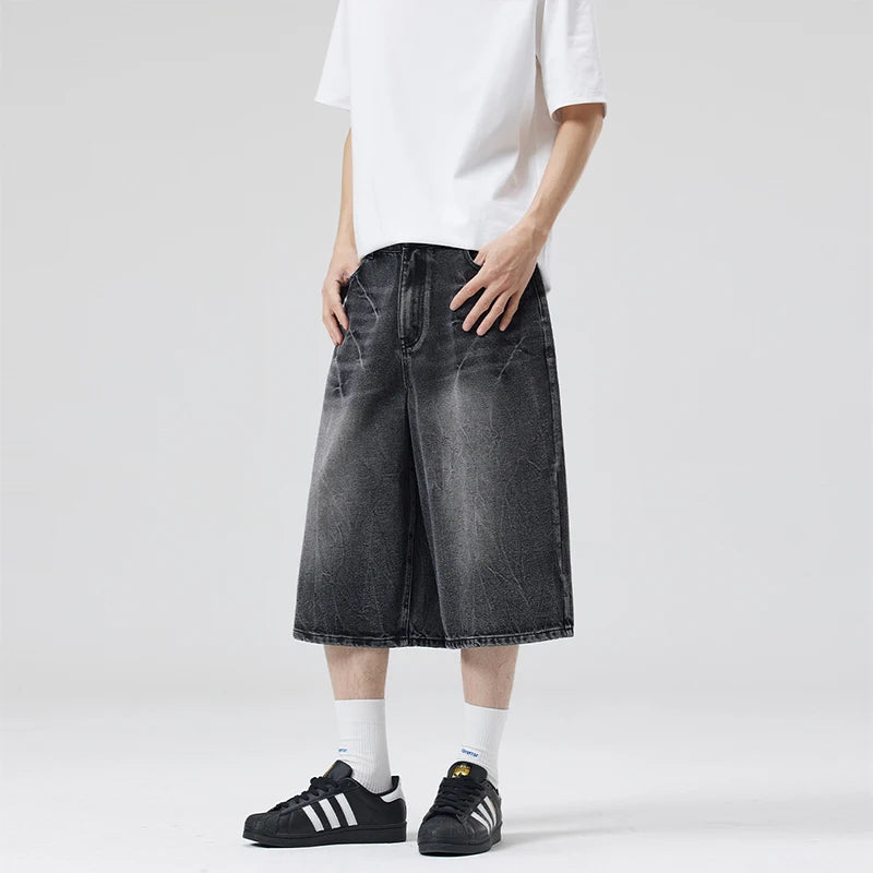 2026 Summer American Lightning Crack Black Grey Jeans Men'S Straight Tube Loose Wide Leg Shorts Y2K Street Hip Hop Sevens