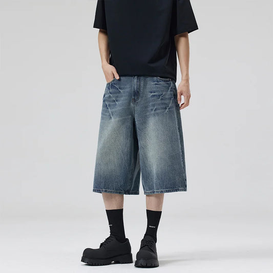 2026 Summer American Lightning Crack Black Grey Jeans Men'S Straight Tube Loose Wide Leg Shorts Y2K Street Hip Hop Sevens