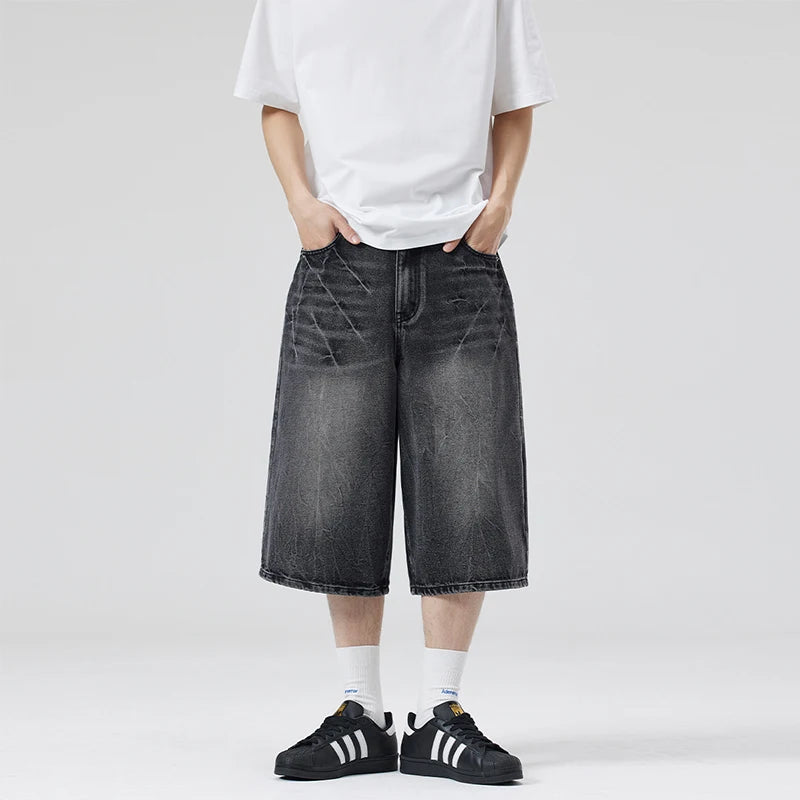 2026 Summer American Lightning Crack Black Grey Jeans Men'S Straight Tube Loose Wide Leg Shorts Y2K Street Hip Hop Sevens