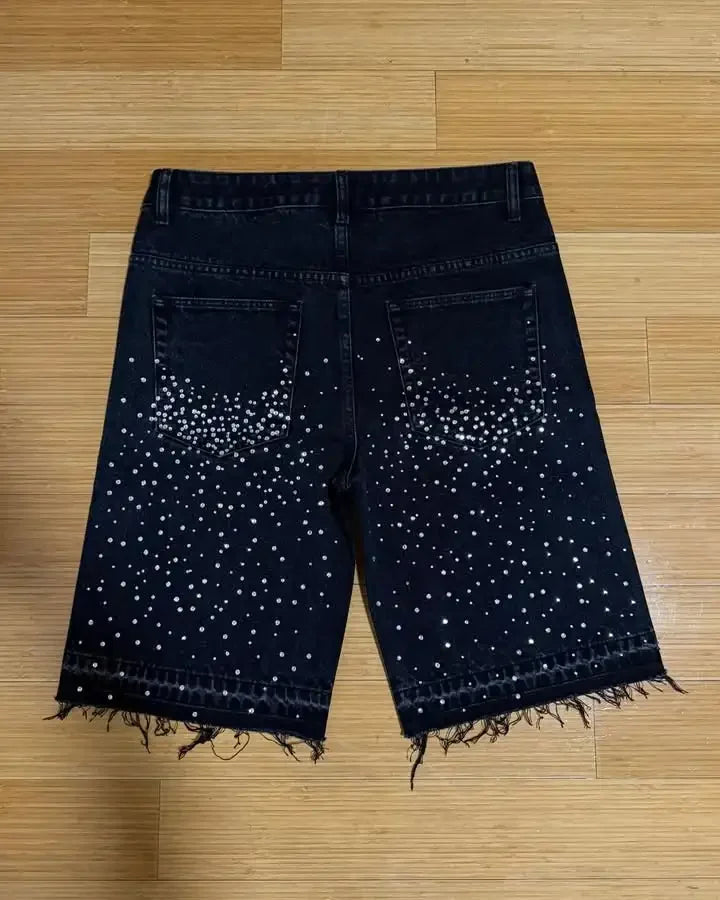 Streetwear Mens Womens Cross Rhinestone Denim Shorts Y2K Jeans Hip Hop Cross Sequins Vintage Baggy Gym Shorts Basketball Shorts