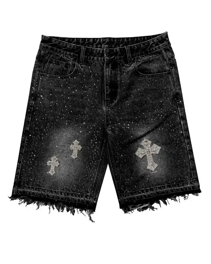Streetwear Mens Womens Cross Rhinestone Denim Shorts Y2K Jeans Hip Hop Cross Sequins Vintage Baggy Gym Shorts Basketball Shorts