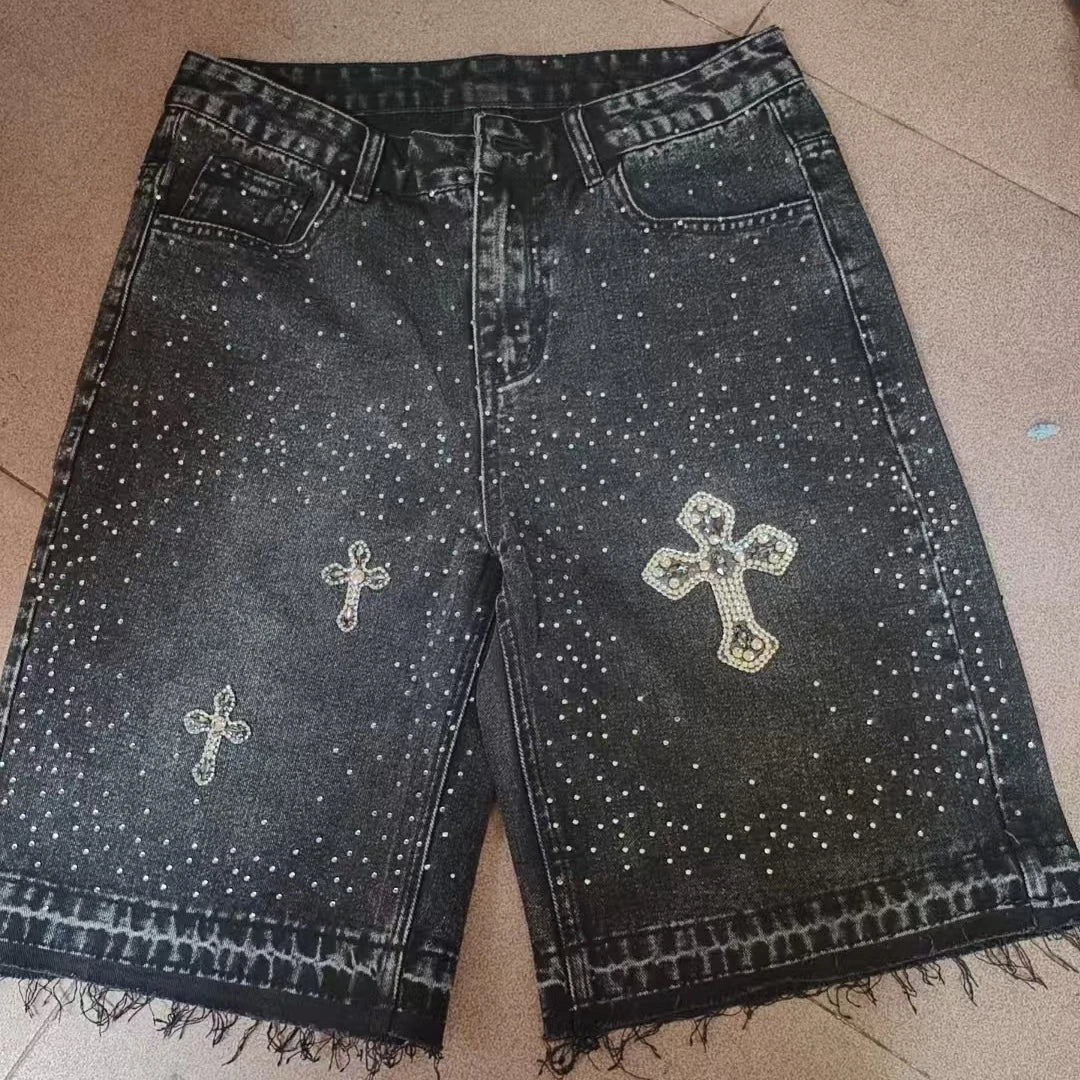 Streetwear Mens Womens Cross Rhinestone Denim Shorts Y2K Jeans Hip Hop Cross Sequins Vintage Baggy Gym Shorts Basketball Shorts