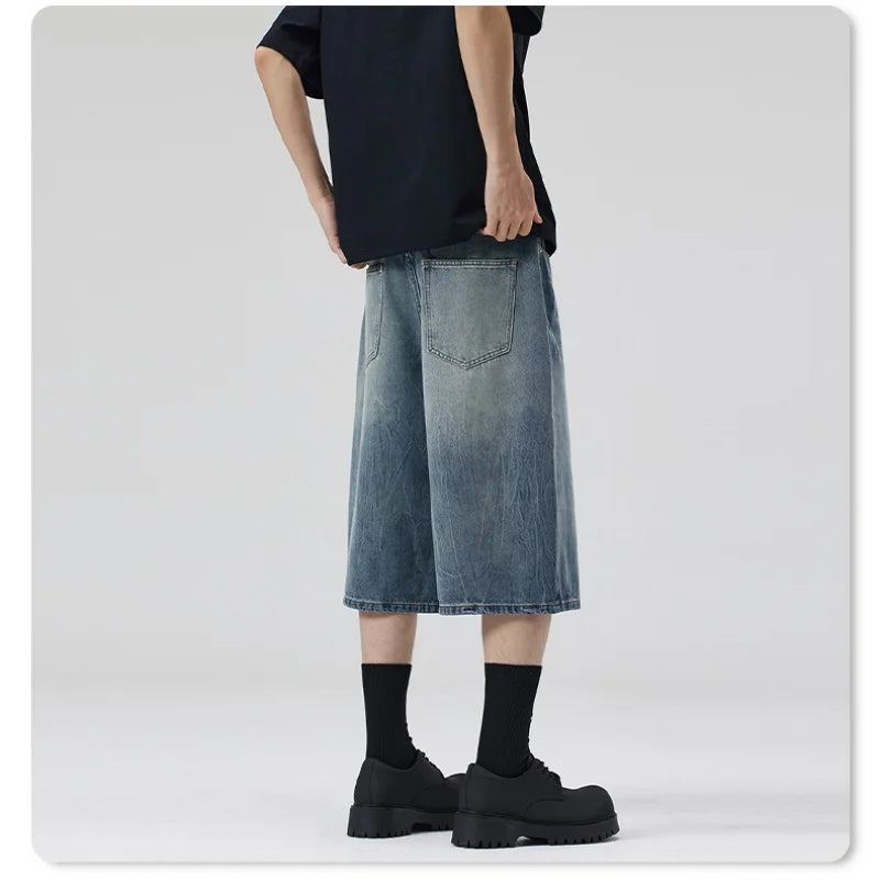 2026 Summer American Lightning Crack Black Grey Jeans Men'S Straight Tube Loose Wide Leg Shorts Y2K Street Hip Hop Sevens