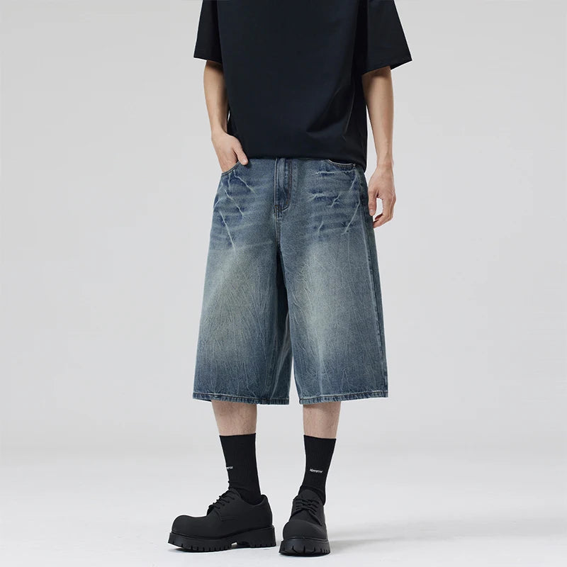 2026 Summer American Lightning Crack Black Grey Jeans Men'S Straight Tube Loose Wide Leg Shorts Y2K Street Hip Hop Sevens