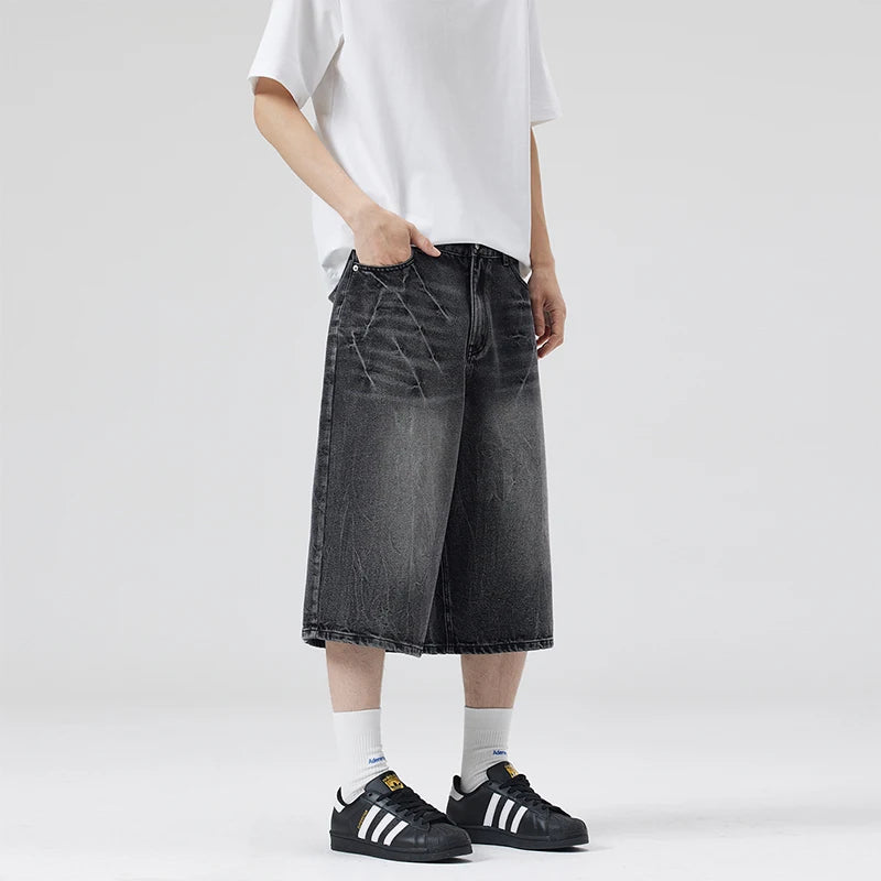 2026 Summer American Lightning Crack Black Grey Jeans Men'S Straight Tube Loose Wide Leg Shorts Y2K Street Hip Hop Sevens