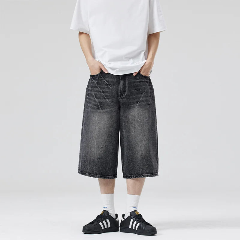2026 Summer American Lightning Crack Black Grey Jeans Men'S Straight Tube Loose Wide Leg Shorts Y2K Street Hip Hop Sevens