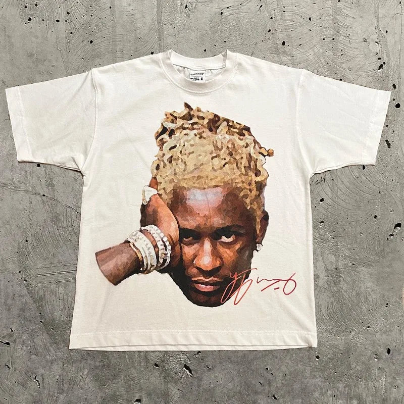 Y2K Europe and the United States New Summer Men T-Shirt Portrait Printed Harajuku Hip Hop Personality Fashion Couple Shirt